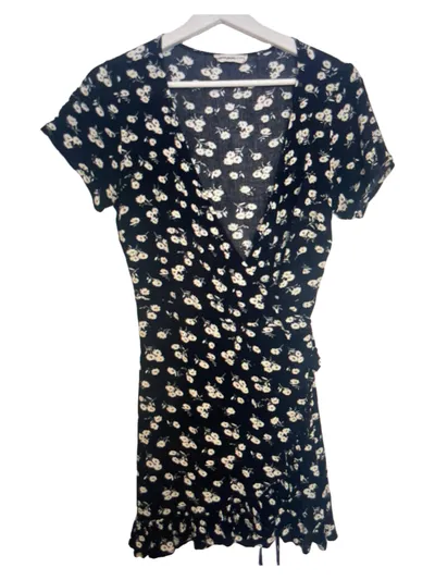 24Colours Damen Wickelkleid Gr. 40/L Schwarz Blumenmuster Freizeitkleid Viskose