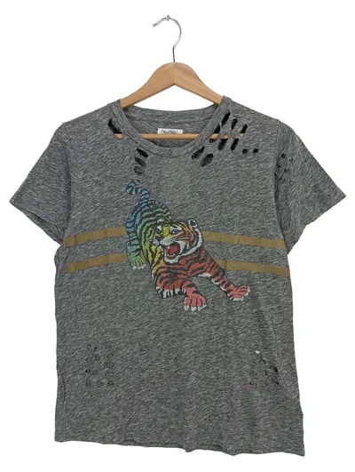 LAUREN MOSHI Damen T-Shirt Grau 34/XS Tiger Print Lochmuster Casual