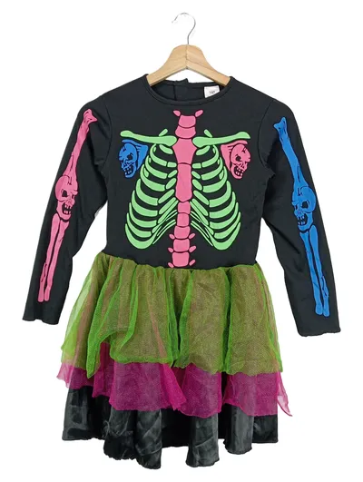 FRIES Skelett Kostüm Kleid Mädchen Gr. 140 Halloween Neon Tütü