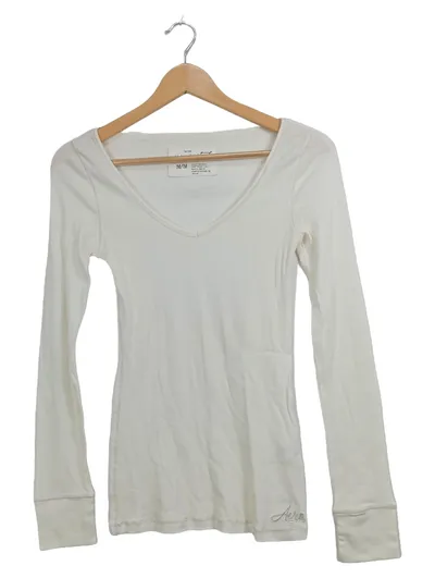 Aéropostale Langarmshirt Damen Gr. 38/M Weiß V-Ausschnitt Rippstrick Basic Logo