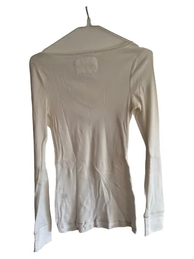 Aéropostale Langarmshirt Damen Gr. 38/M Weiß V-Ausschnitt Rippstrick Basic Logo