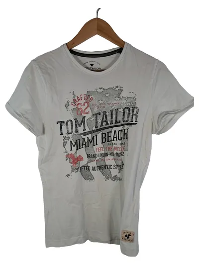 Tom Tailor Herren T-Shirt Gr. S Weiß Logo Print Casual Freizeit Baumwolle