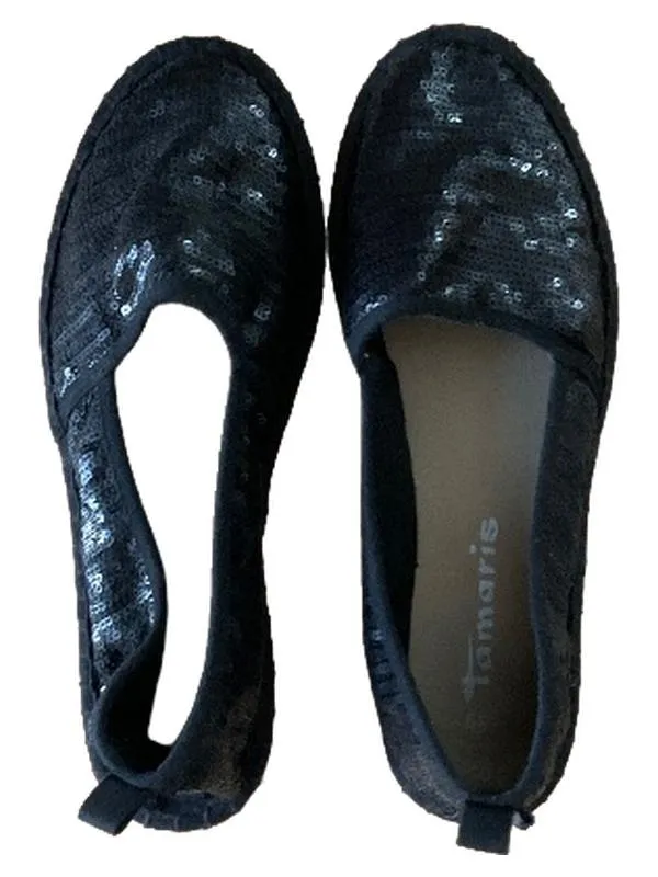 Tamaris Damen Espadrilles Pailletten Schwarz Gr. 39 Slipper Sommer 3