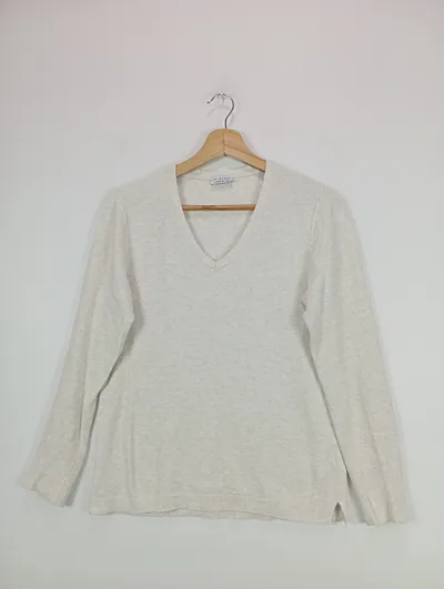 RE.DRAFT Damen Pullover Beige Gr. 36/S Casual Meliert V-Ausschnitt