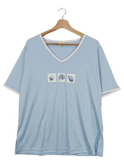 DONNA STELLA Damen T-Shirt Blau Gr. 46/3XL V-Ausschnitt Casual Basic