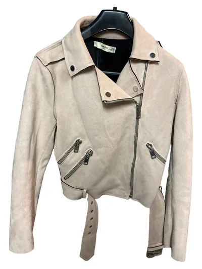 MANGO Damen Blouson Jacke Wildlederimitat Beige Gr. XS Biker-Stil