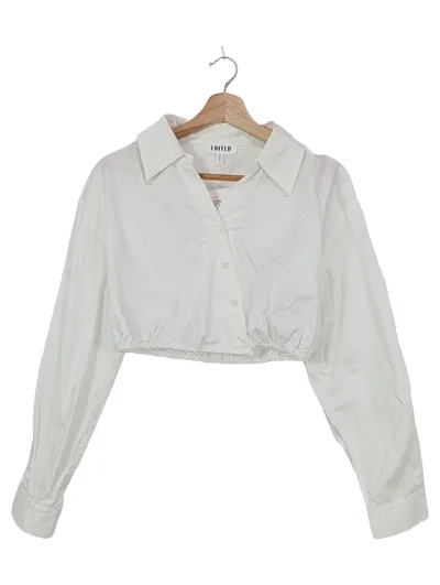 EDITED Damen Hemdbluse Gr. 36/S Weiß Casual Modern Cropped Baumwolle