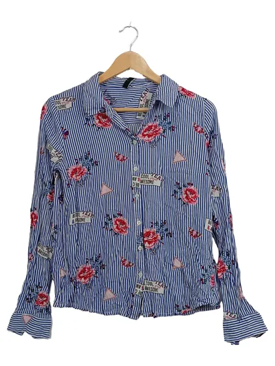 Flame Damen Hemdbluse Gr. 36/S Blau Weiß Gestreift Blumen Rüschen