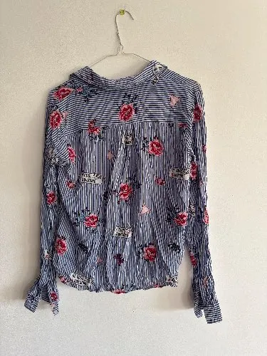 Flame Damen Hemdbluse Gr. 36/S Blau Weiß Gestreift Blumen Rüschen