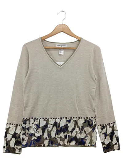 RICK CARDONA Damen Pullover Gr. 36/S Beige Elegant Vintage Grafisch Viskose