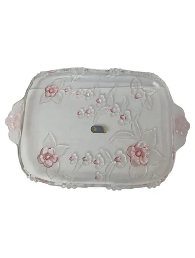 WALTHER GLAS Servierplatte Glas Transparent Pink Blumen Elegant 27x34 cm
