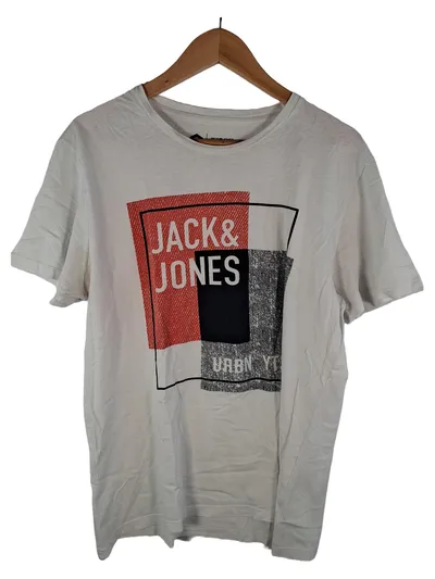 Jack & Jones T-Shirt Herren Gr. L weiß Logo-Print Baumwolle Freizeit Urban