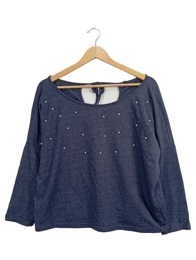 Flame Damen Pullover Gr. 36 S Blau Perlen Rückenausschnitt Schleife Sweatshirt