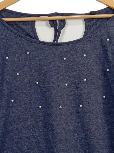 Flame Damen Pullover Gr. 36 S Blau Perlen Rückenausschnitt Schleife Sweatshirt