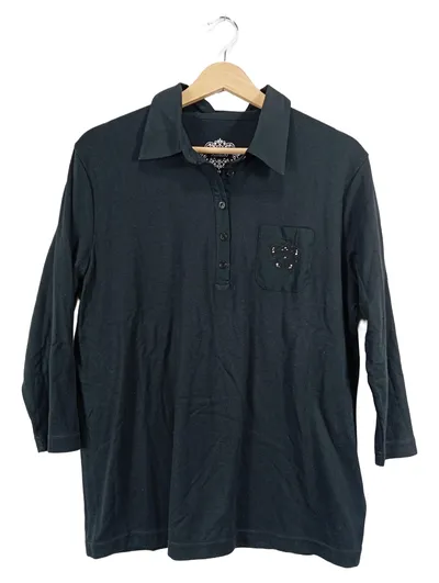 Adagio Damen Poloshirt Langarm Gr. 46 Schwarz Pailletten Verzierung