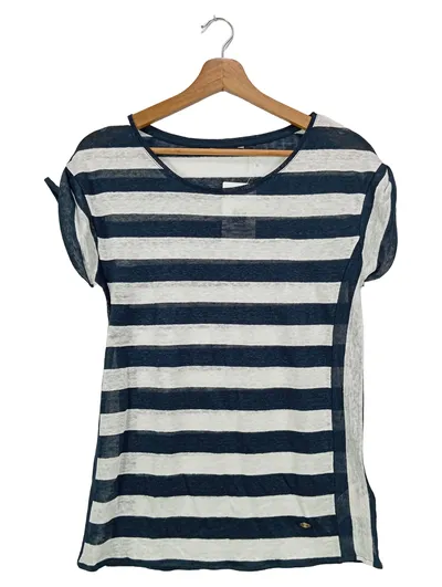 MASSIMO DUTTI Damen T-Shirt Gr. 34/XS Blau Weiß Gestreift Leinen Casual Maritim