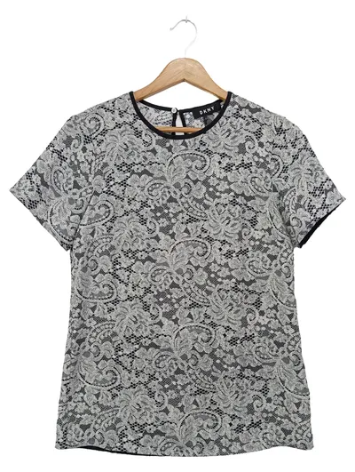 DKNY Damen Bluse Spitze Florales Muster Schwarz Weiß Gr. 34/XS Elegant