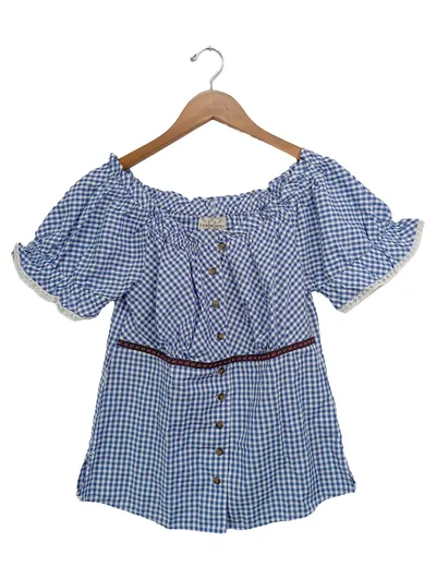 LANDHAUS Damen Trachtenbluse Gr. 38 M blau weiß kariert Rüschen Spitze