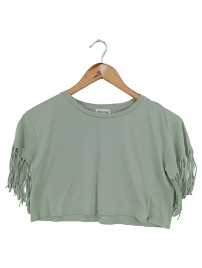 PLEASE Top Mädchen Gr. 140 Grün Casual Fransen Kurzarm Shirt