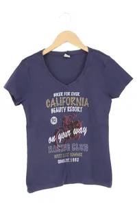 CECILIA CLASSICS Damen T-Shirt Blau Gr. 40/L Casual Schriftzug Motorrad-Print 1