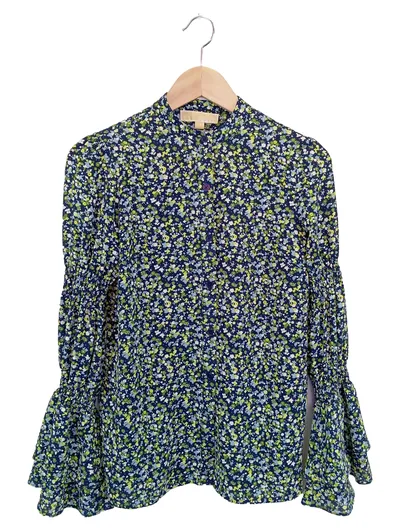MICHAEL KORS Damen Bluse 34/XS Blau Florales Muster Langarm Elegant Casual
