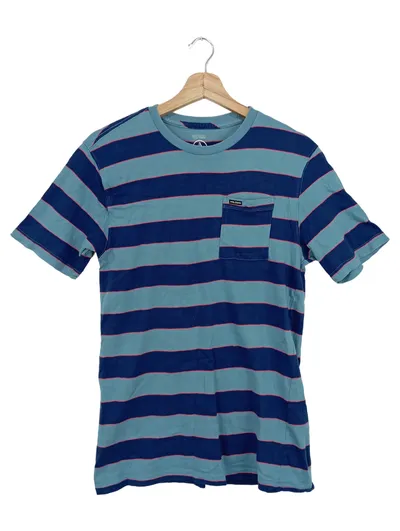 VOLCOM Jungen T-Shirt Gr. 164 Blau Gestreift Kurzarm Casual Logo-Print