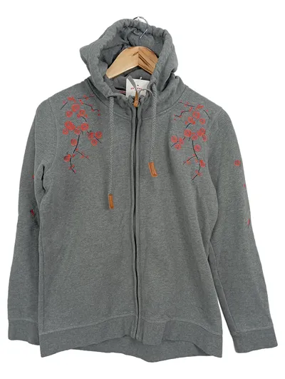 BASEFIELD Leichte Jacke Damen 38/M Grau Hoodie mit floraler Stickerei Kapuze