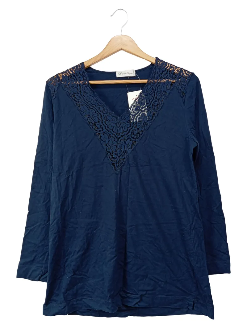 DAVID NIEPER Damen Langarmshirt Gr. 38/M Blau Elegant Spitze Baumwolle 1