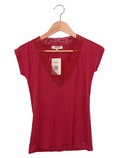 MORGAN Damen T-Shirt Rot Gr. 38/M Casual Basic mit Spitze V-Ausschnitt