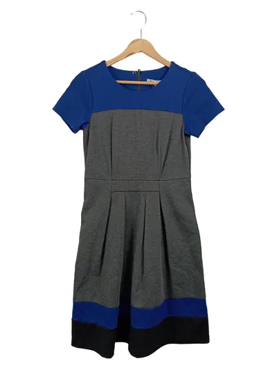 ASHLEY BROOKE Businesskleid Damen 34/XS Grau Blau Kurzarm Elegant Büro Etuikleid