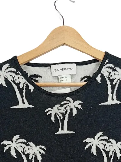Amy Vermont Damen Pullover Gr. 36 S Schwarz Palmen Palmenmuster Baumwolle