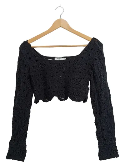 WHITE ICY Damen Häkel-Pullover Langarm Crop Top Schwarz M/L