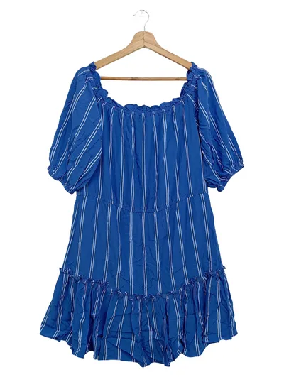 DESIGNERS REMIX Damen Freizeitkleid Gr. 40/L Blau Gestreift Off-Shoulder