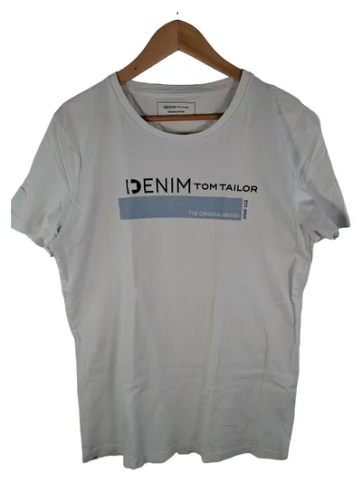 TOM TAILOR Denim Herren T-Shirt Gr. L Weiß Logo Print Freizeit Casual
