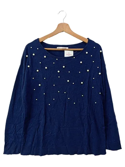 Sfera Basic Damen Pullover Gr. 38/M Blau Perlen Elegant Klassisch