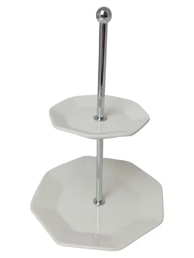 VINCELLI Etagere 2 Etagen Keramik Metall Weiß Modern Achteckig 14cm