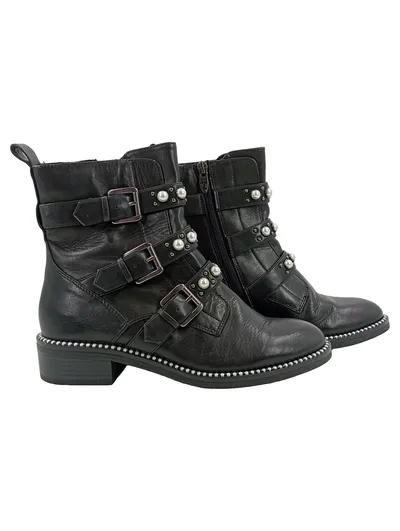 Tamaris Damen Stiefelette Schwarz Gr. 38 Perlen Nieten Biker Boots Leder