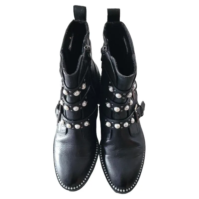 Tamaris Damen Stiefelette Schwarz Gr. 38 Perlen Nieten Biker Boots Leder 6