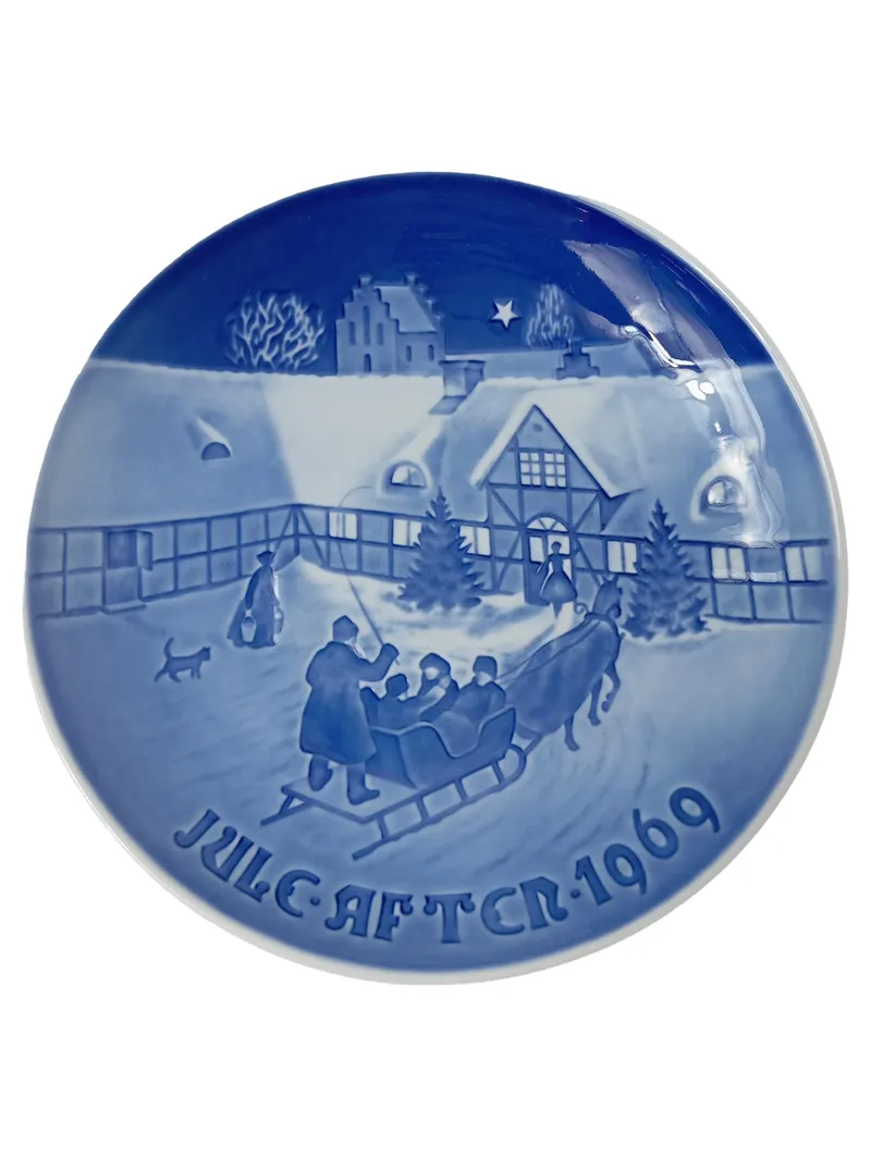 B&G COPENHAGEN PORCELAIN Wandteller JULE-AFTER 1969 Weihnachtsszene Blau 18cm 1