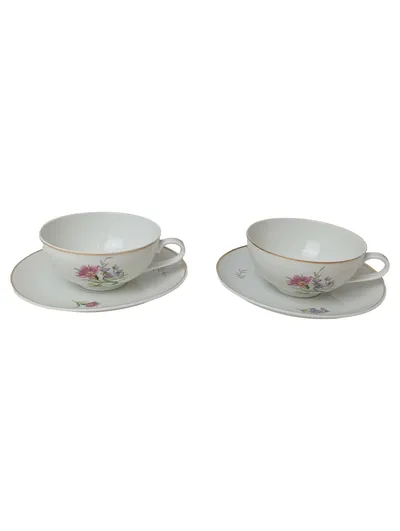 LICHTE PORZELLAN Tasse Unterteller Set 4tlg Weiß Blumen Porzellan Vintage