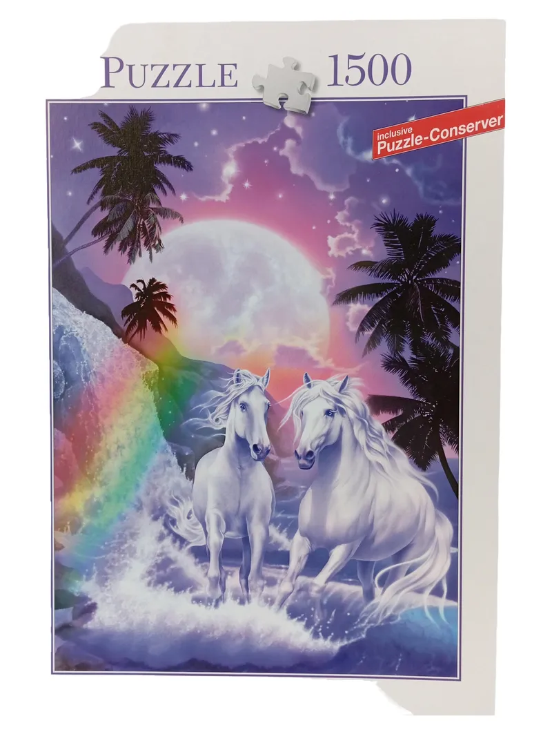 Blatz Puzzle 1500 Teile Weiße Pferde Regenbogen Mond Tropisch NEU 1