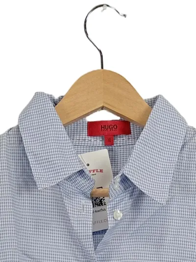 HUGO Damen Hemdbluse Gr. 38 Blau Kariert Baumwolle Business Langarm
