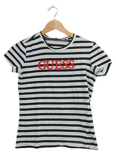 GUESS Damen T-Shirt Gr. S gestreift schwarz weiß Logo rot Casual
