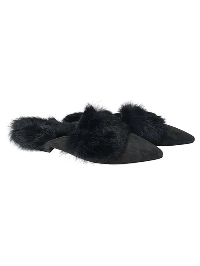 Sí BARCELONA Damen Pantoletten Gr. 36 Schwarz Elegant Fellbesatz Slipper