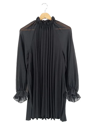 ZARA Damen Blusenkleid XS 34 Schwarz Elegant Plissee Rüschen Langarm
