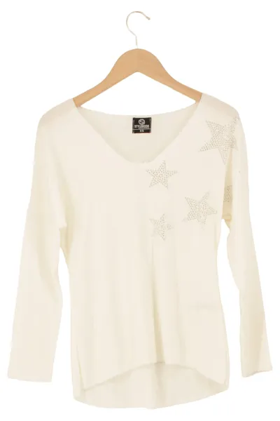 STYLEBOOM Damen Pullover Weiß Gr. 34/XS Sterne Glitzer V-Ausschnitt