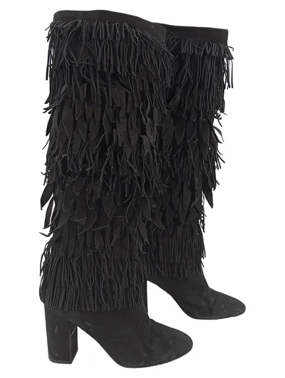 Aquazzura Damen Stiefel Fransen Schwarz Wildleder Gr. 38.5 Blockabsatz
