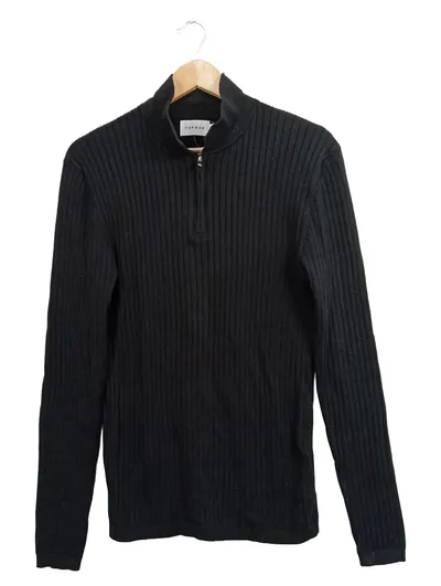 Topman Herren Pullover Reißverschluss Baumwolle Rippstrick Schwarz Gr. 50;L