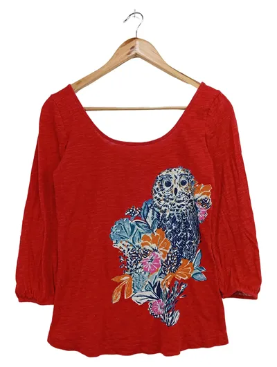 ANTHROPOLOGIE T-Shirt Damen 3/4 Arm Rot Eule Blumen Print XS Bohemian