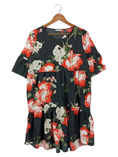 ENVII Damen Freizeitkleid Gr. 36/S Schwarz Blumenmuster Bohemian Rüschen